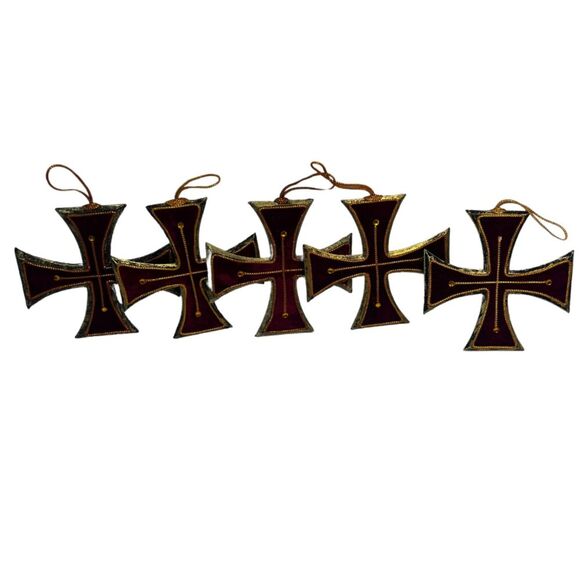 Christmas Ornaments German Cross Set of 5 Red Velvet Gold Trim - Picture 1 of 7